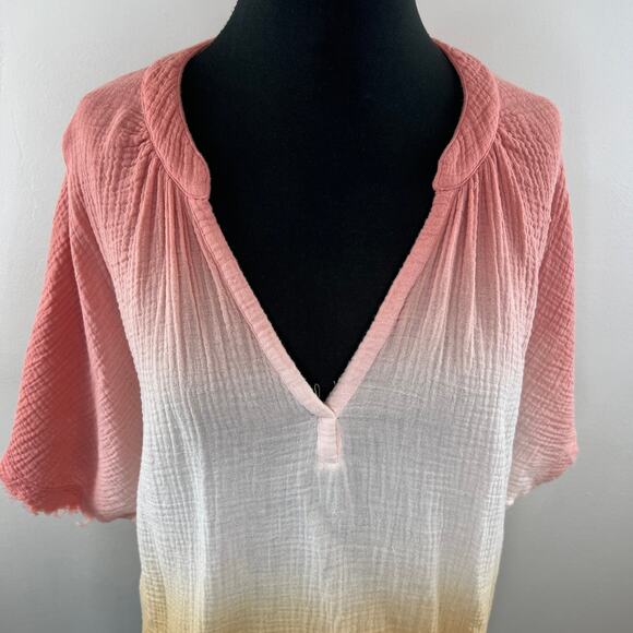 YFB Young Fabulous & Broke Orange Ombre Cotton Gauze V-Neck Tee Distressed S/M - Picture 2 of 9